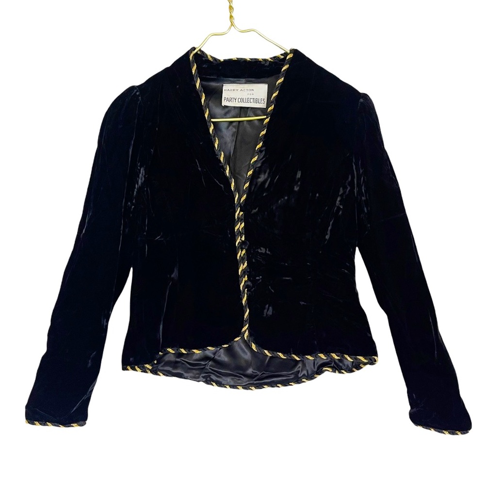 VINTAGE 80s 90s Black Crushed Velvet Gold Rope Cropped Collarless Evening Blazer
